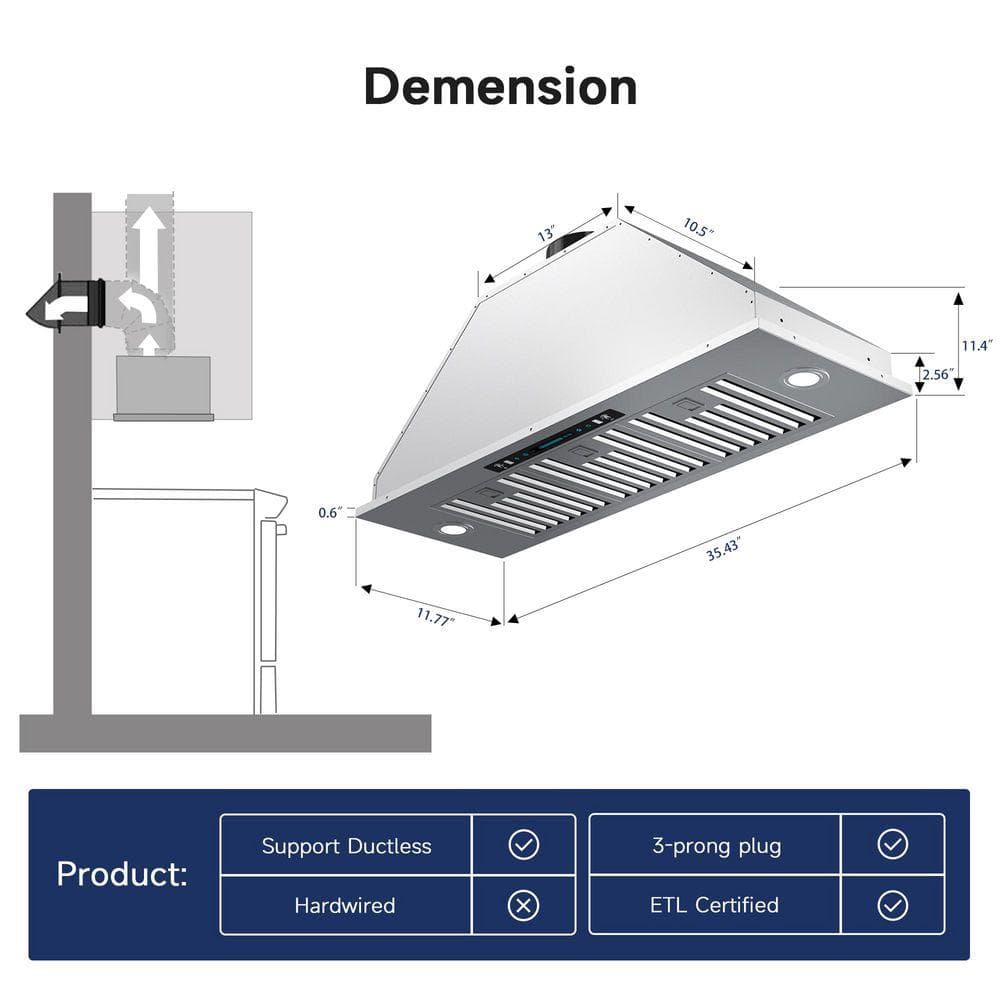 36 in. 900 CFM Convertible Insert Range Hood in Stainless Steel with Gesture, Touch and Remote Contr