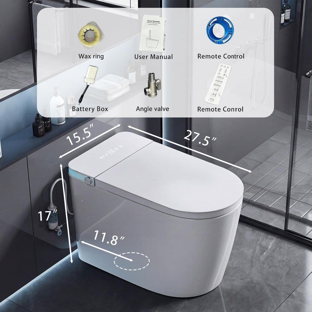 Elongated Smart 12 in. 1-Piece Toilets 1.28 GPF Dual Flush Toilet in White with Auto Flush and LED D