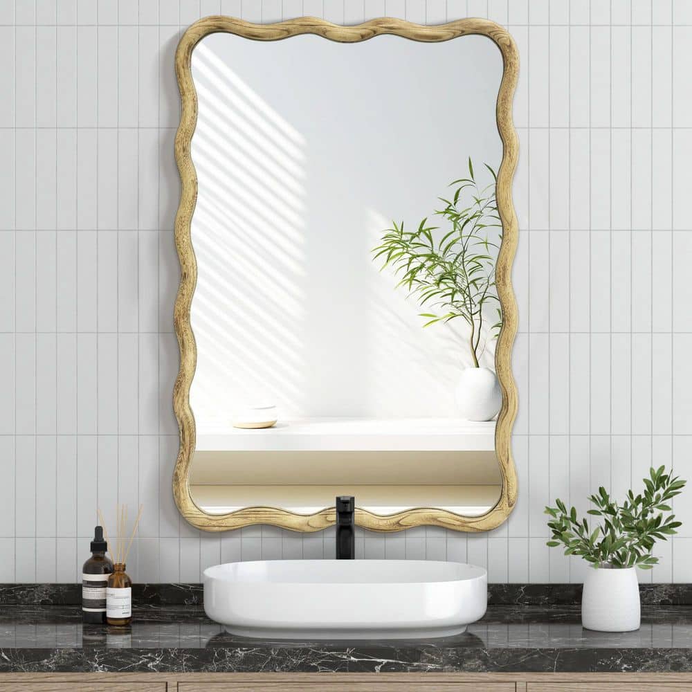 24 in. W x 36 in. H Rectangle Light Oak Wood Framed Wavy Wall Mirror