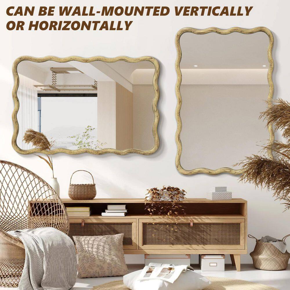 24 in. W x 36 in. H Rectangle Light Oak Wood Framed Wavy Wall Mirror