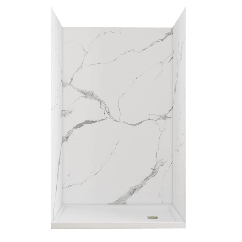 48 in. x 34 in. x 78 in. 4-Piece Glue-Up Alcove Shower Wall Surround in Calacatta White Marble