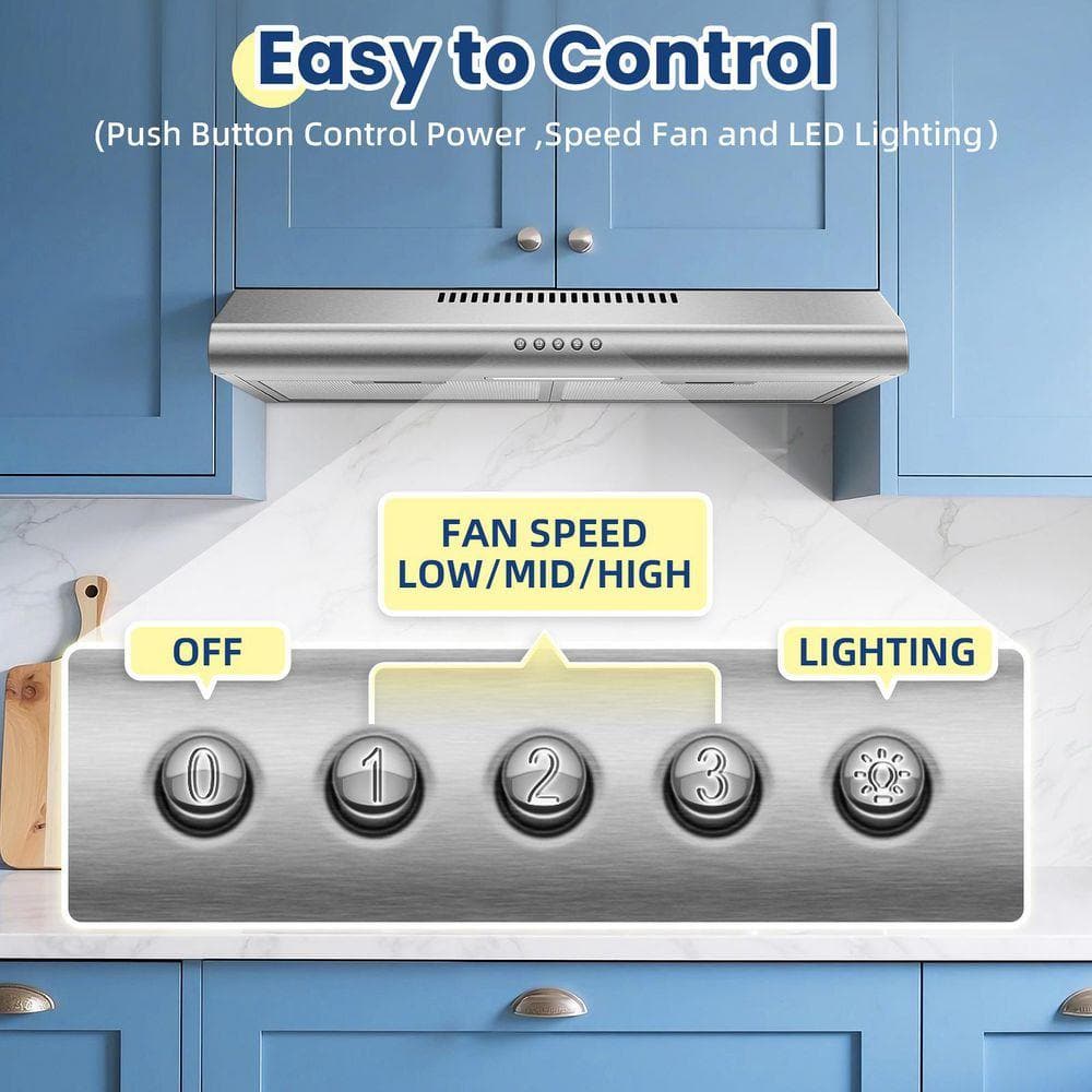 24 in. 280CFM Range Hood Under Cabinet, Stainless Steel, Ducted/Ductless Convertible 3 Speeds Fan an