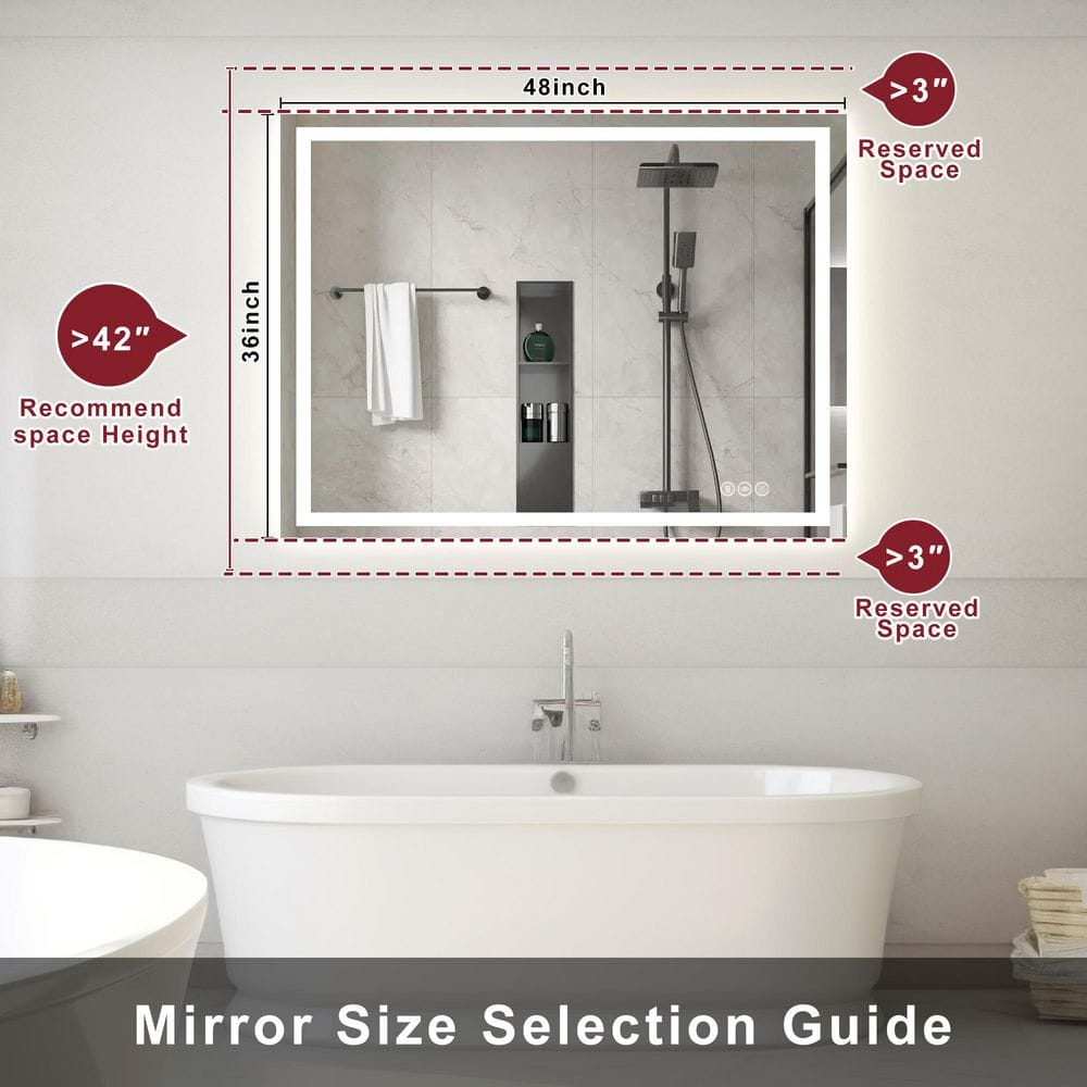 36 in. W x 48 in. H Frameless LED Mirror Anti-Fog Dimmable 3-Color Shatterproof Wall Mounted Bathroo