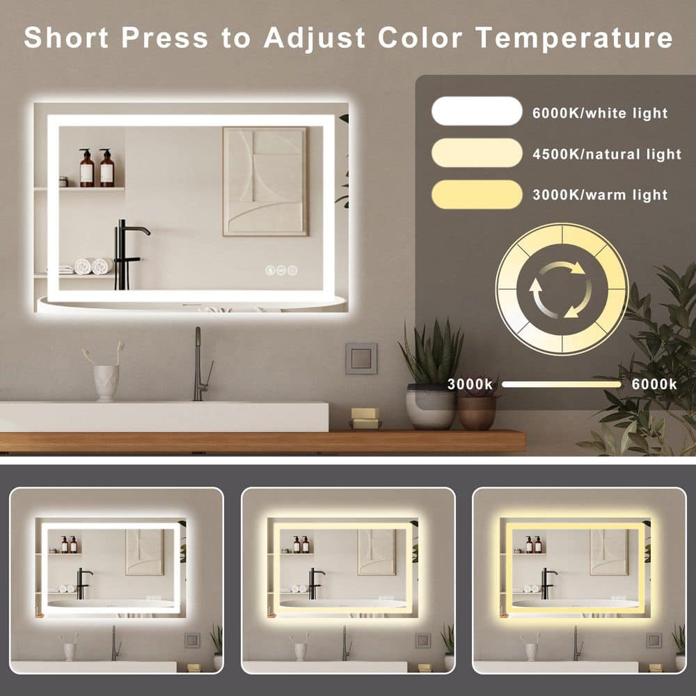 36 in. W x 48 in. H Frameless LED Mirror Anti-Fog Dimmable 3-Color Shatterproof Wall Mounted Bathroo