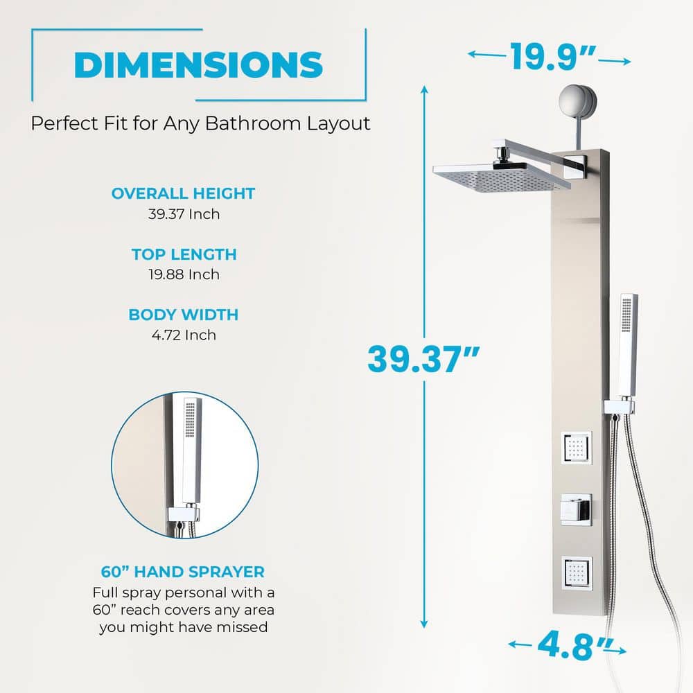 39 in. 2-Jetted Shower with Heavy Rain Showerhead and Spray Wand, Full Body Shower System in Brushed