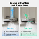 30 in. 160 CFM Ductless Convertible Under Cabinet Range Hood in Stainless Steel with LED Light, Mesh