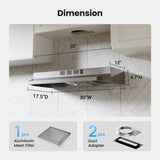 30 in. 160 CFM Ductless Convertible Under Cabinet Range Hood in Stainless Steel with LED Light, Mesh
