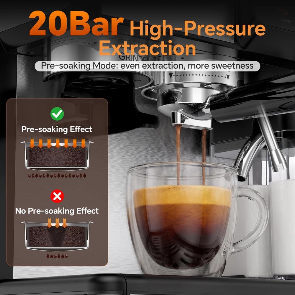 2-Cup Silver Semi-Automatic Espresso Machine with Built-In Grinder, 20-Bar Extraction, NTC Temp Cont