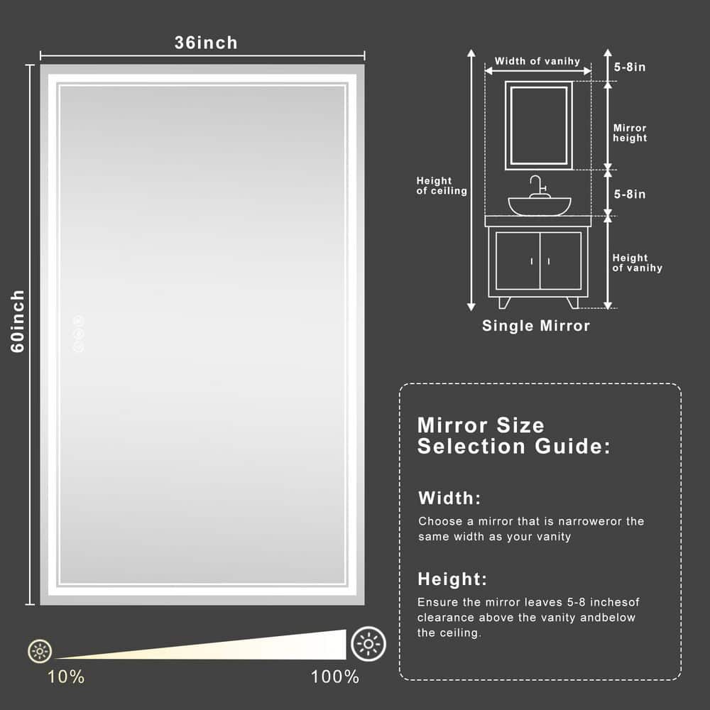 36 in. W x 60 in. H Rectangular Frameless LED Wall Mirror Anti-Fog Bathroom Vanity Mirror