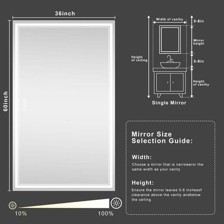 36 in. W x 60 in. H Rectangular Frameless LED Wall Mirror Anti-Fog Bathroom Vanity Mirror
