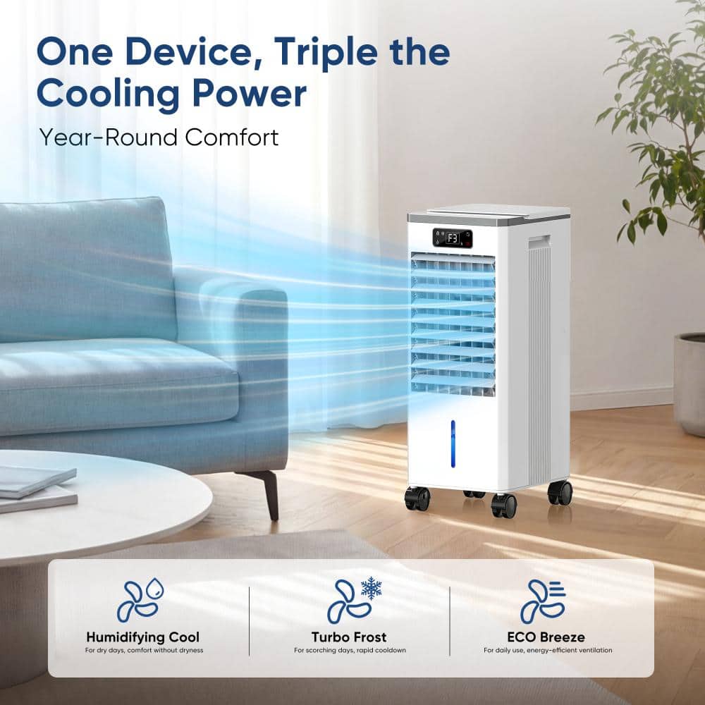 Portable Evaporative Air Cooler, 3 Modes 3 Speeds, 12H Timer, 2-Gal Tank, Quiet 46dB, 16ft Remote
