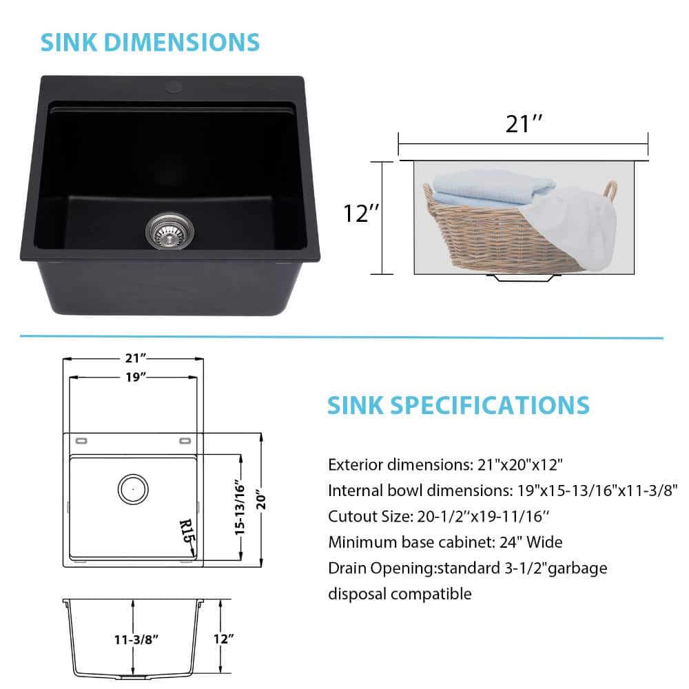 21 inch Matte Black Drop In Laundry Sink Workstation,Granite Composite Above Counter Laundry Room Ut