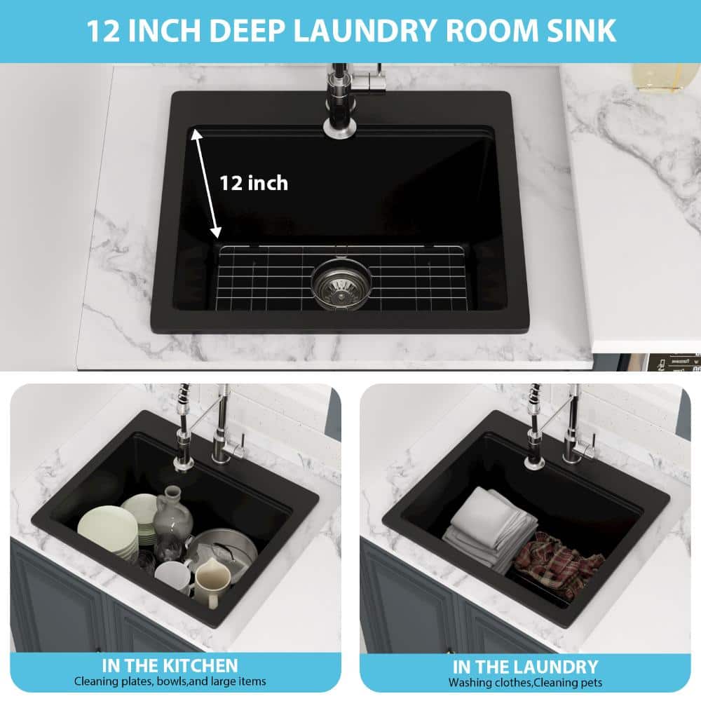 21 inch Matte Black Drop In Laundry Sink Workstation,Granite Composite Above Counter Laundry Room Ut