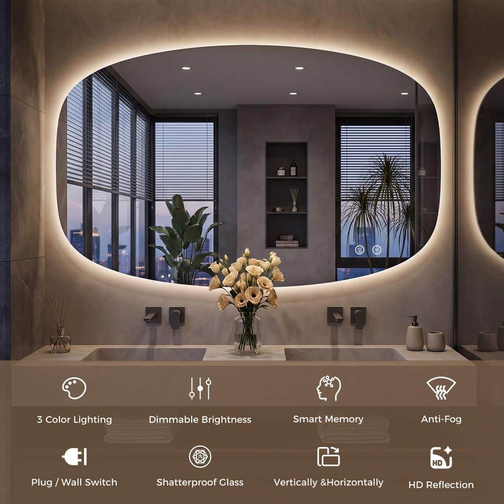 30 in. W x 40 in. H Oval Mirror Frameless UL Certified LED Anti‑Fog Tempered Glass Wall‑Mount Bathro