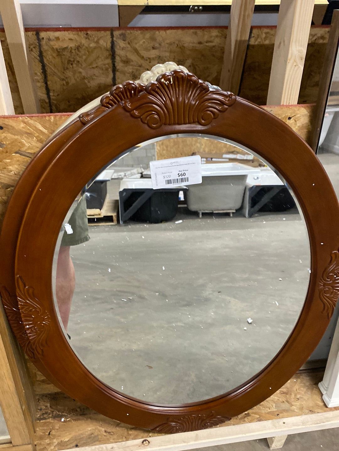 30 in. W x 38 in. H Framed Round Beveled Edge Bathroom Vanity Mirror in cherry